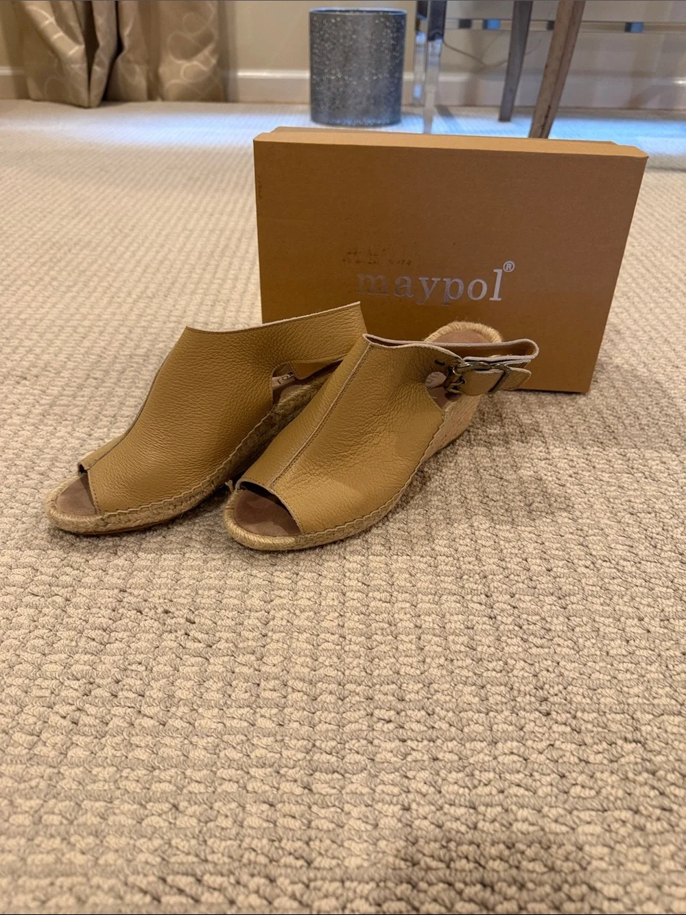 Maypol Tan Leather Peep-Toe Espadrille Wedges